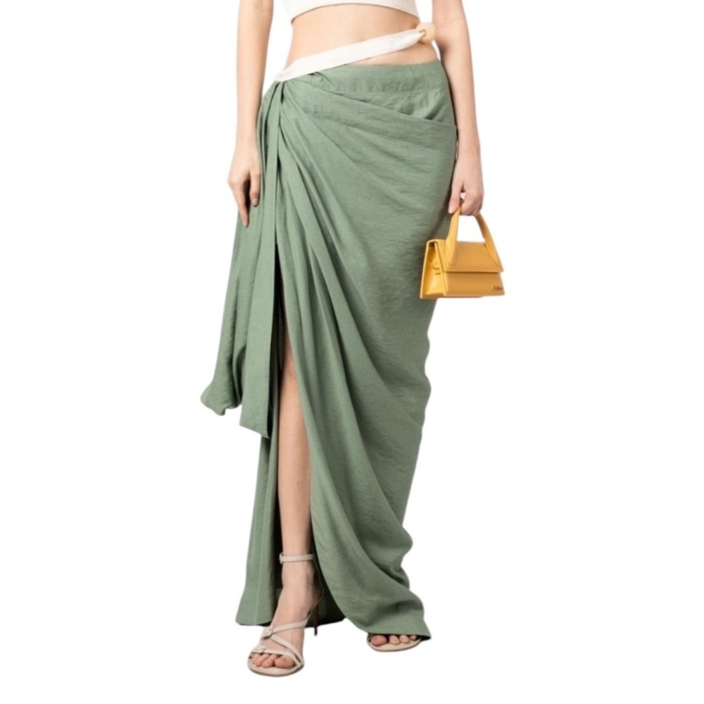 Jacquemus Abanada Draped Embellished Twill Maxi Skirt Euro Size 36 Sage Green - Picture 7 of 15